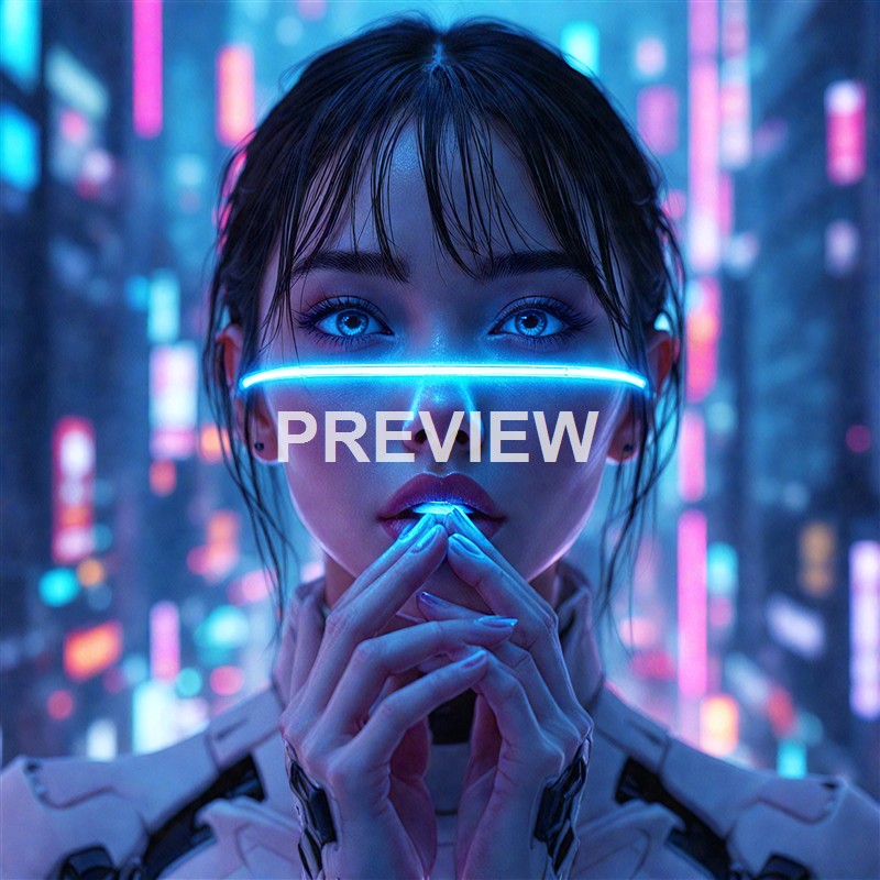 A futuristic woman with glowing blue eyes and a glowing line across her face, set against a cityscape illuminated by neon lights.